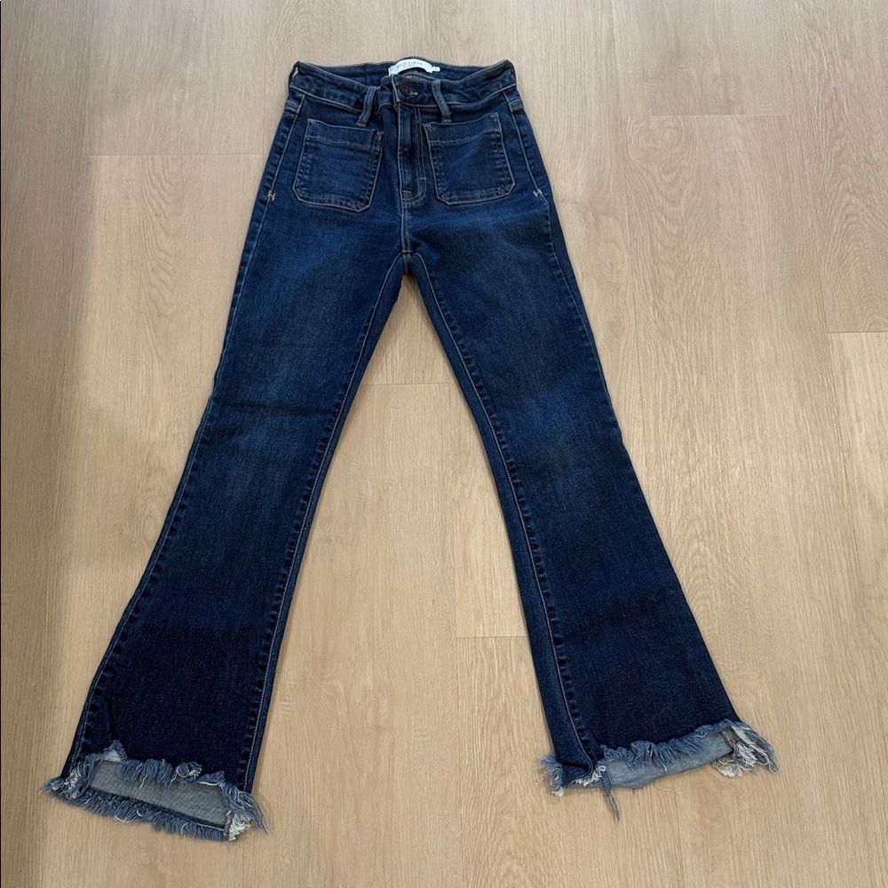 Hidden Brand Dark Indigo Flare Jeans with Frayed Hem